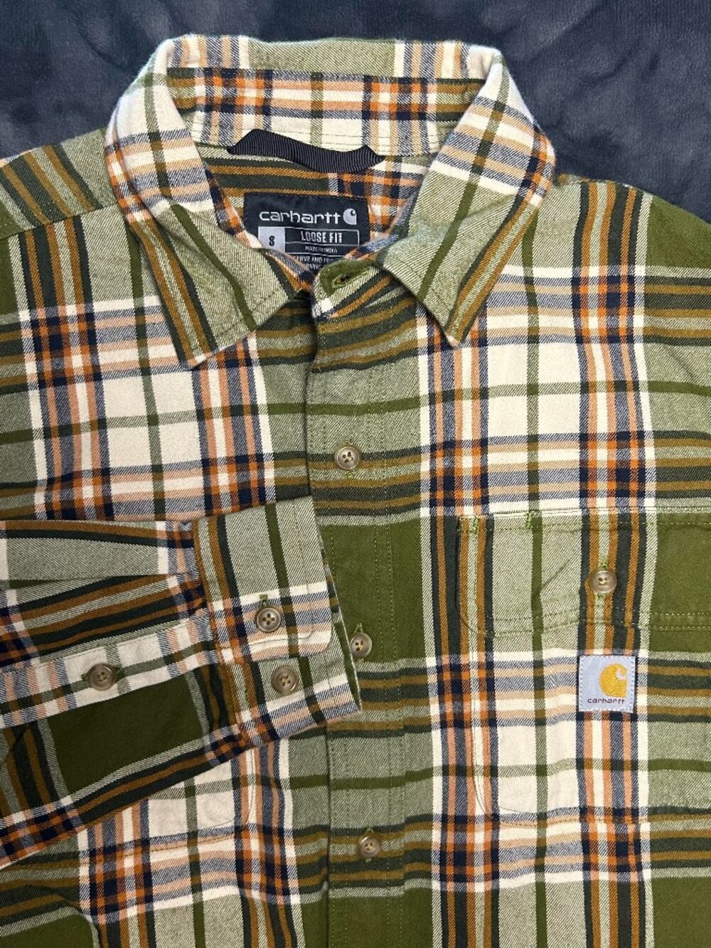 Carhartt Loose Fit Flannel Shirt S Long Sleeve Green White Brown Plaid